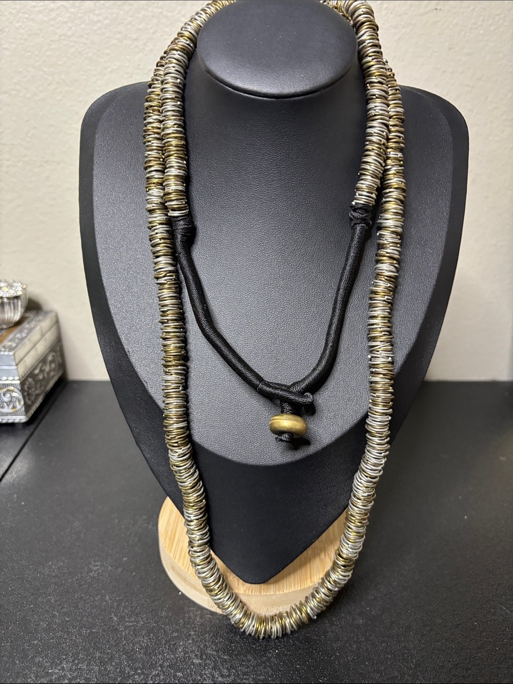 Long Brutalist Metal Disc Wrapped Rope Necklace Unique